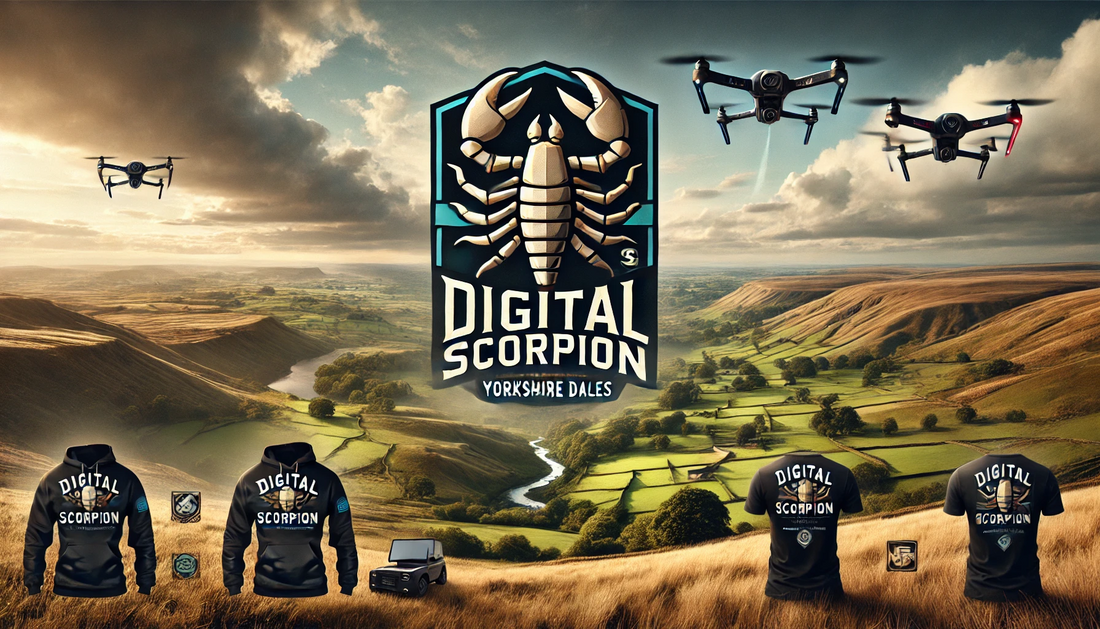 Digital scorpion drone and hoodies image. This image shows a representation of the Yorkshire Dales with drones in the air and some example products in the foreground.